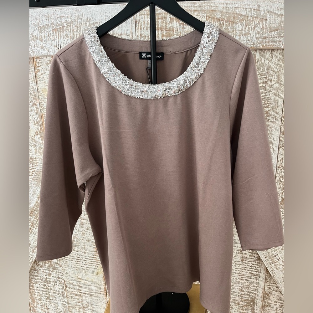 Cable & Gauge Taupe Blouse with Beaded Neckline size 2XL New with Tags!